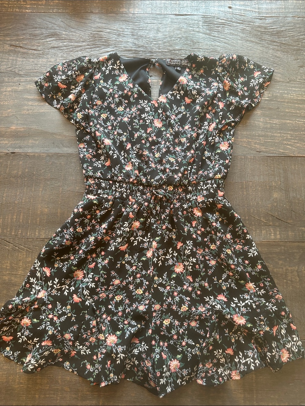 Girls Black Floral Elastic-Waist Casual Romper with Flutter Sleeves and Tie